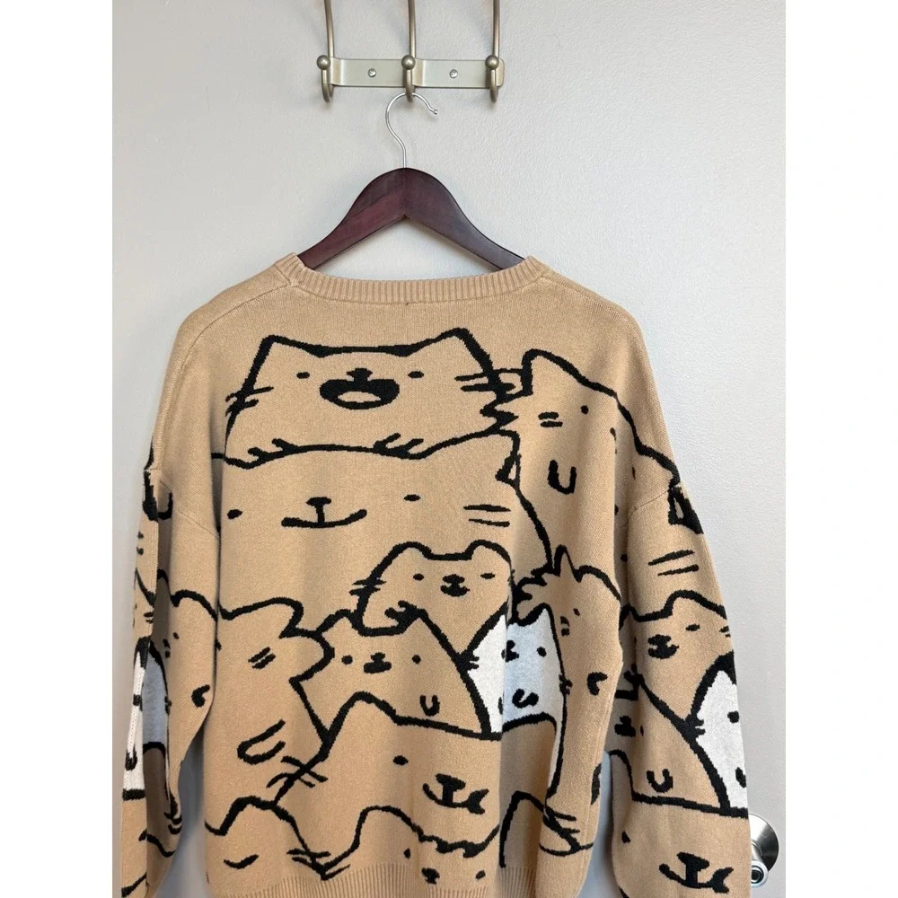 Cat Graphic Knit Sweater Tan Oversized Crewneck Feline Print XL Y2K Quirky